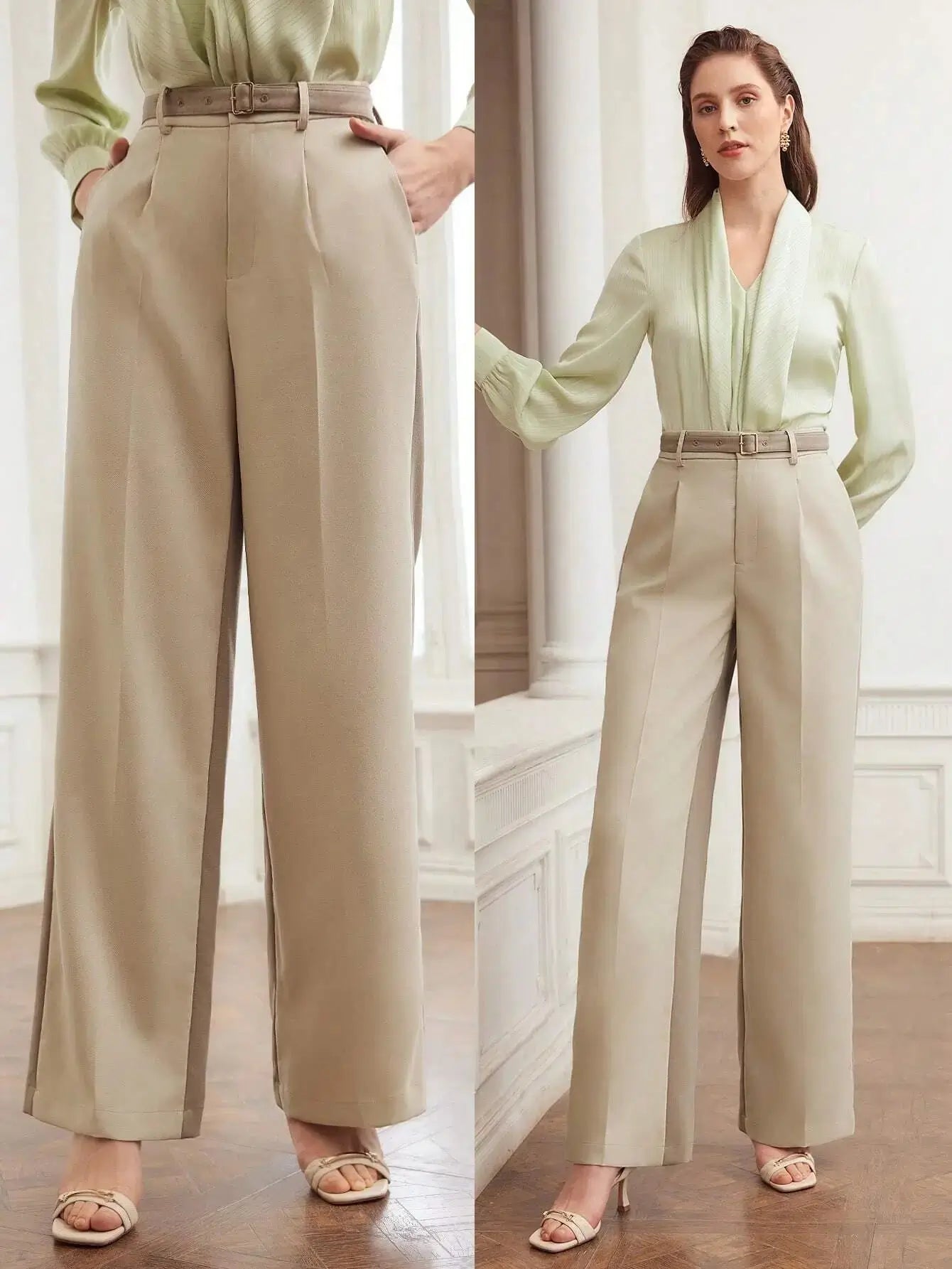 Pantalon en polyester beige, coupe droite avec fermeture éclair, rabat et poches intégrées. Finitions élégantes avec plis raffinés et ceinture. Texture douce et durable. Entretien : lavage en machine ou nettoyage à sec.