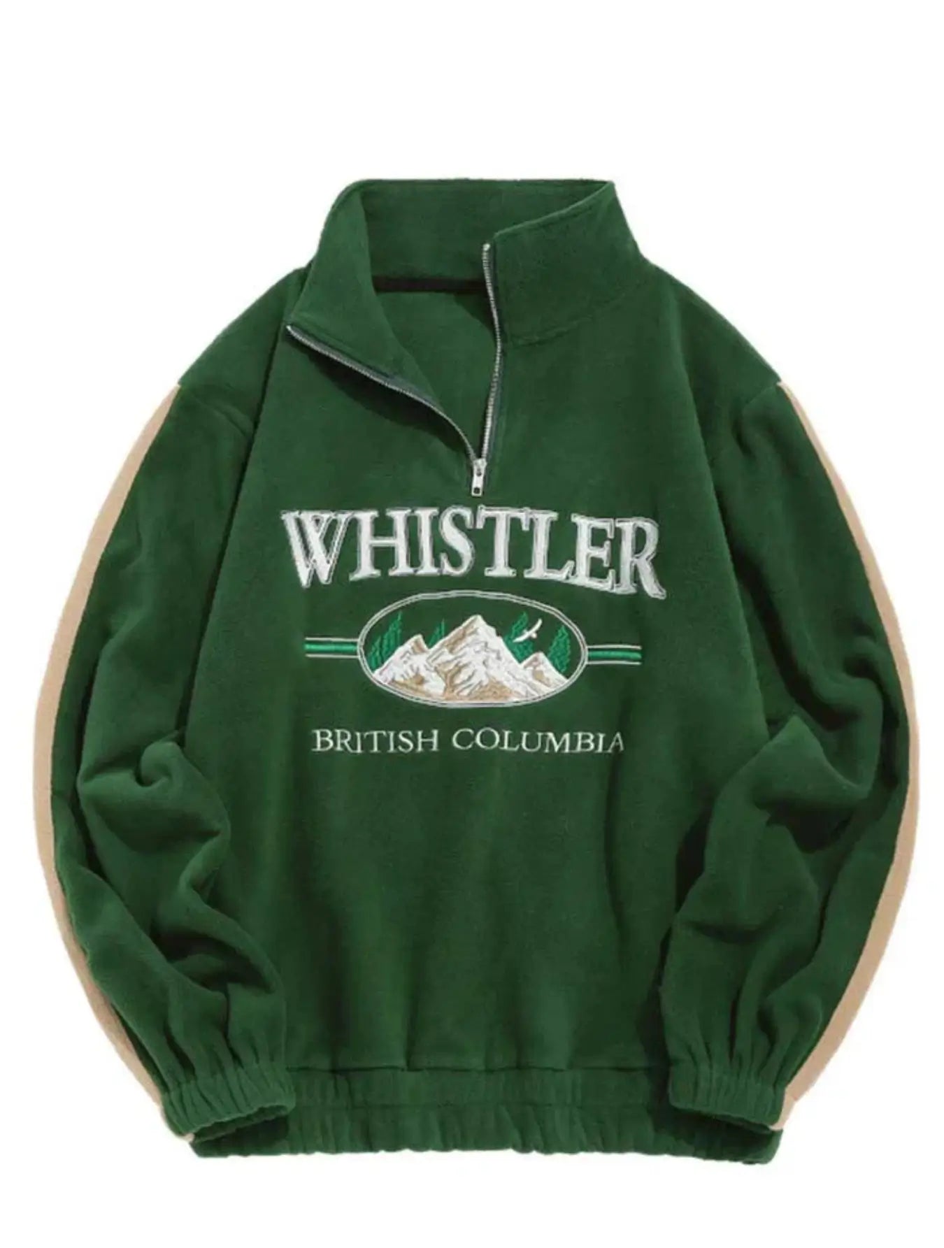 La polaire Whistler, en mélange de coton et molleton polyester, est disponible en vert foncé et noir. Elle présente un col montant avec zip, des manches à bandes contrastantes et une coupe ample pour un confort optimal. Dotée d'une broderie "WHISTLER BRITISH COLUMBIA", de coutures renforcées et de taille/poignets élastiqués pour un ajustement parfait, elle se lave en machine à froid.