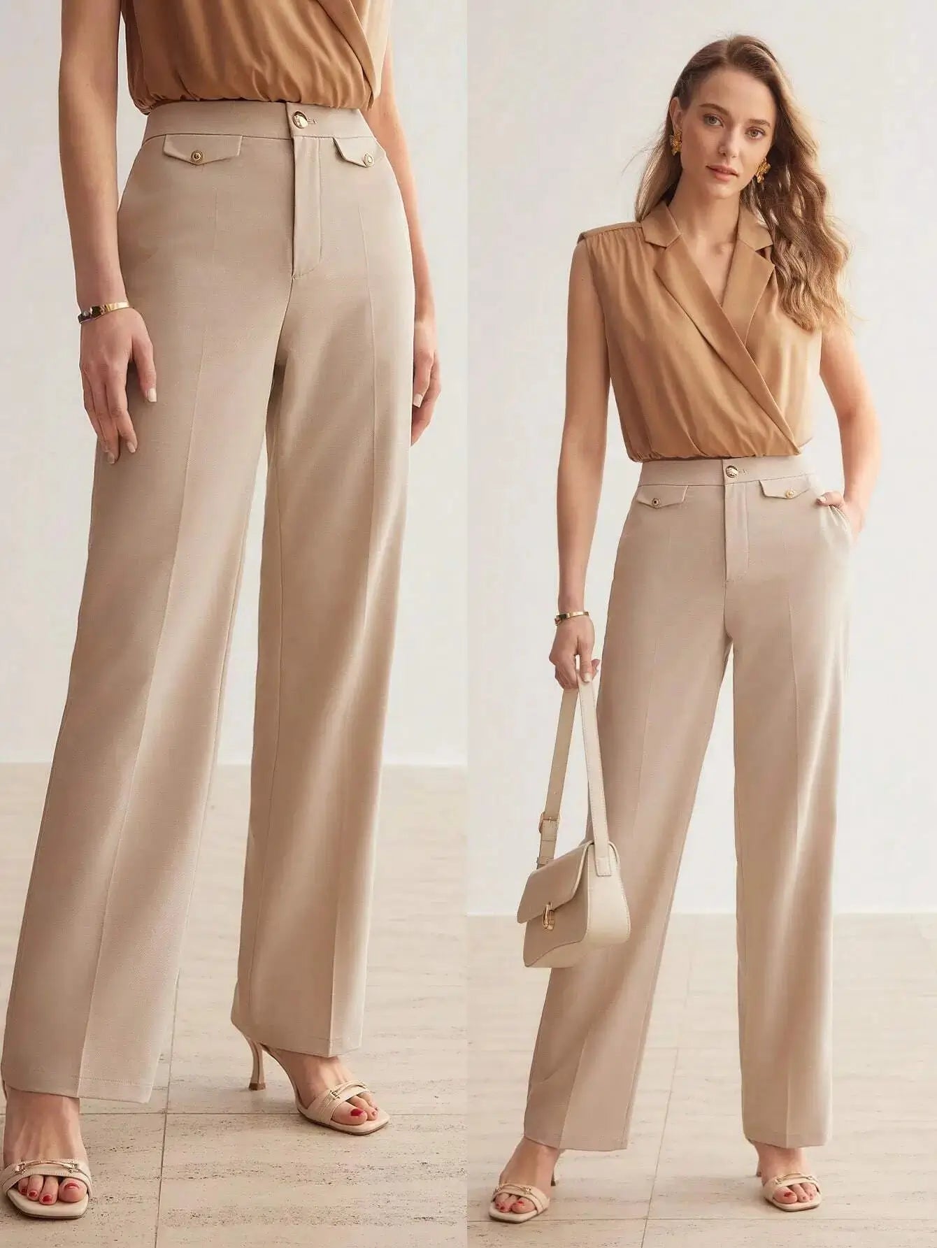 Pantalon en 100% polyester de haute qualité, offrant une texture douce et durable. Coupe droite raffinée avec fermeture éclair, rabat, et poches intégrées. Teinte beige sophistiquée. Finitions élégantes avec ceinture intégrée et plis soignés. Entretien : lavage en machine ou nettoyage à sec recommandé.