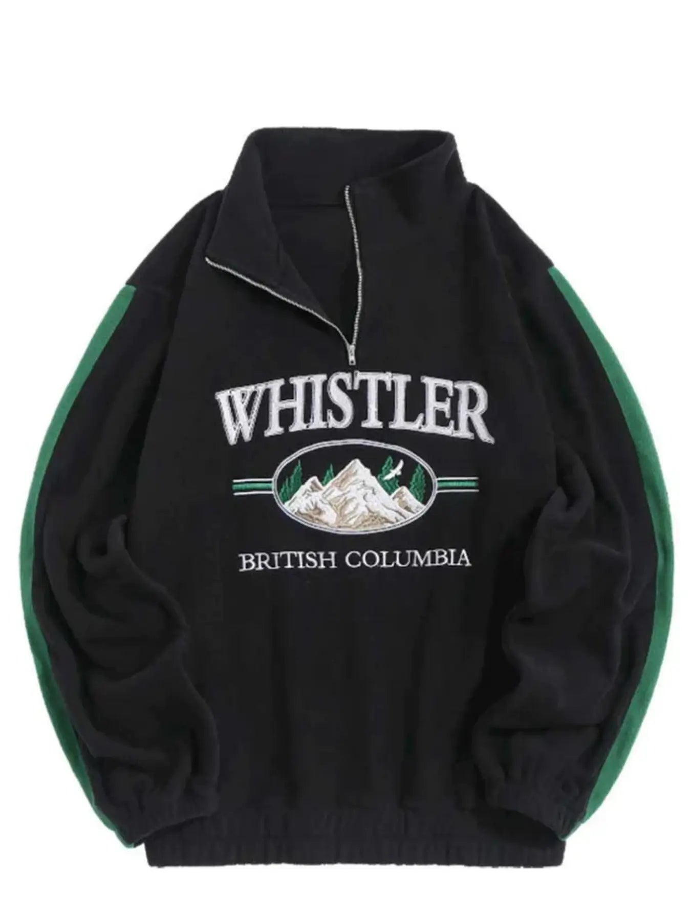 La polaire Whistler, en mélange de coton et molleton polyester, est disponible en vert foncé et noir. Elle présente un col montant avec zip, des manches à bandes contrastantes et une coupe ample pour un confort optimal. Dotée d'une broderie "WHISTLER BRITISH COLUMBIA", de coutures renforcées et de taille/poignets élastiqués pour un ajustement parfait, elle se lave en machine à froid.