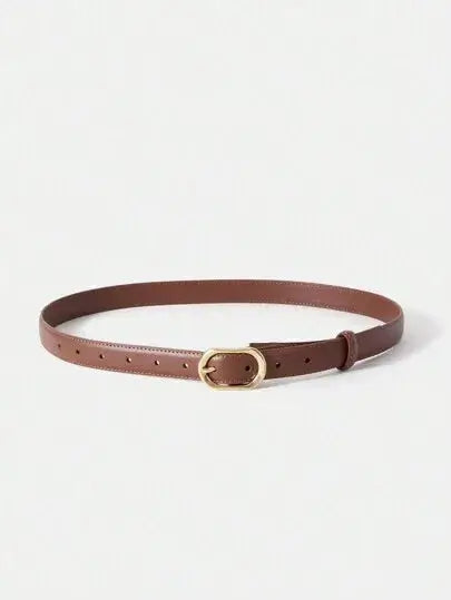 Ceinture marron en PU non extensible. Design épuré avec boucle ovale dorée. Largeur moyenne pour un style raffiné et sophistiqué. Nettoyage à sec recommandé.