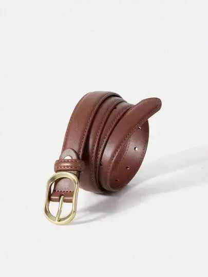 Ceinture marron en PU non extensible. Design épuré avec boucle ovale dorée. Largeur moyenne pour un style raffiné et sophistiqué. Nettoyage à sec recommandé.